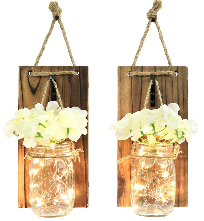 Greenco GRC2859 Wall Hung Mason Jar Sconce with Faux Flower and Led Strip Lights, Rustic - Image 1